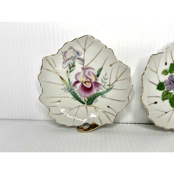 2 Vintage Nasco Japan violet Floral Trinket Dish Leaf Shape 5" shell 3. 5" - Picture 3 of 8